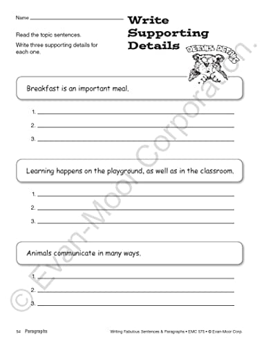 Evan-Moor Writing Fabulous Sentences & Paragraphs, Grades 4-6, Homeschool & Classroom Workbook, Activities, Main Ideas, Topic Sentences, Figurative Language, Descriptive Details, Writing Skills