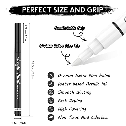 White Paint Pen, 8 Pack 0.7mm Acrylic Paint Pens Acrylic Markers 6 White 2 Black Paint Pens for Rock Painting Wood Canvas Glass Metallic Ceramic Tire Graffiti Paper Drawing, Extra Fine Tip Opaque Ink
