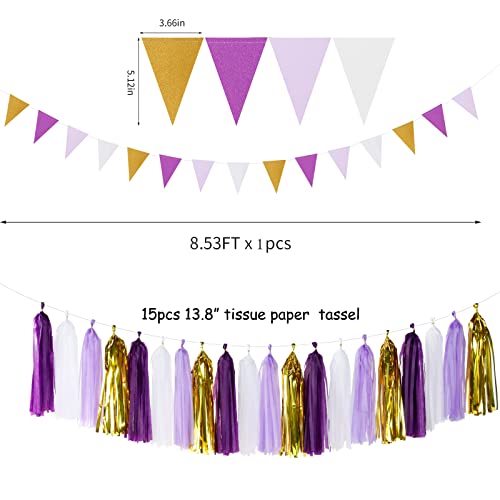 Purple Gold Valentines-Day Graduation Decorations - 30pcs Kits Lavender White Paper Flowers,Banner Flags,Tassel Streamer Garland Engagement Girl Baby Bridal Shower Party Decoration Lasting Surprise