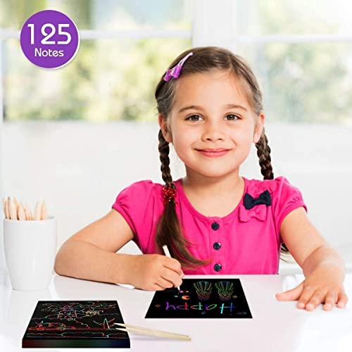 ZMLM Rainbow Scratch Mini Art Notes - 125 Magic Note Pads Cards Sheets for Kids Black Crafts Arts DIY Party Favor Supplies Kit Birthday Game Toy Gifts Box Girls Boys Halloween