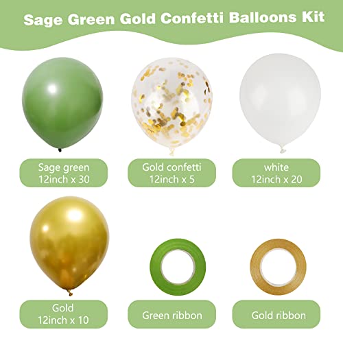 RUBFAC 65Pcs 12Inches Sage Green Gold Confetti Balloons Kit, Green White Metallic Gold Party Balloons with Ribbons for Birthday, Wedding, Baby Shower, Graduation, Eucalyptus Party Decorations