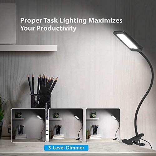 TROND LED Desk Lamp with Clamp, 3-Level Dimmable Desk Light 6000K Daylight, Extra-Long Flexible Gooseneck Clip on Light, Eye-Care Clamp Lamp for Painting, Workbench, Reading or Sewing, Bed Bedside