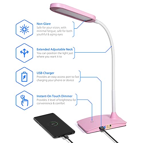Pink Desk Lamps for Home Office - Super Bright Small Desk Lamp with USB Charging Port, a Perfect LED Desk Light as Study Lamp, Bedside Reading Lights