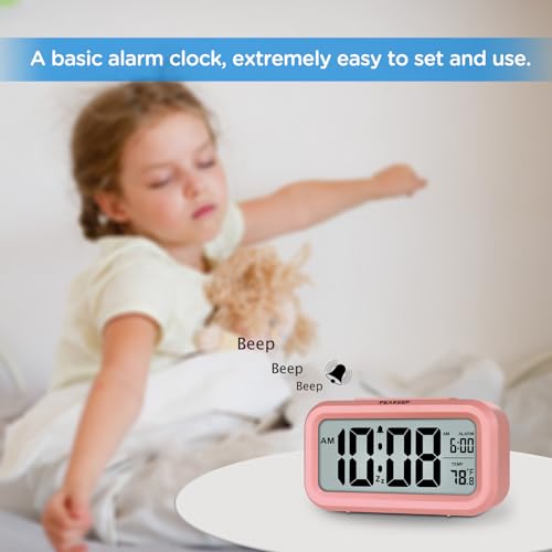 Peakeep Night Light Digital Alarm Clock with Indoor Temperature, Battery Operated Desk Small Clock (Light Salmon Pink)