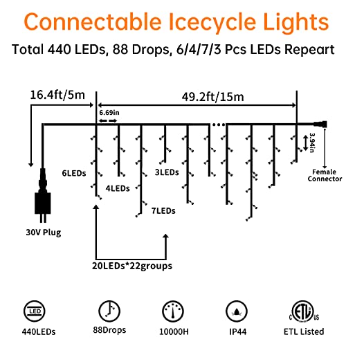 Blingstar Icicle Lights Christmas Lights Outdoor 49.2Ft 440 LED Extendable Dripping Lights 8 Mode Warm White Icecycle String Lights Cascade for Indoor Outside Xmas Holiday House Decor, Clear Wire
