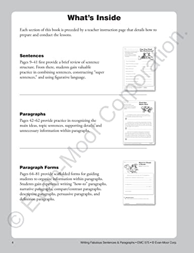 Evan-Moor Writing Fabulous Sentences & Paragraphs, Grades 4-6, Homeschool & Classroom Workbook, Activities, Main Ideas, Topic Sentences, Figurative Language, Descriptive Details, Writing Skills