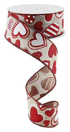 Patterned Hearts Canvas Wired Edge Ribbon - 10 Yards (Natural, White, Red, 1.5")