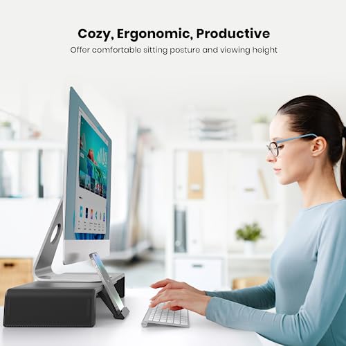 Monitor Stand Riser, Klearlook Foldable Computer Monitor Riser,Height Adjustable Computer Stand, Desk Shelf Riser with Storage Drawer & Tablet Phone Stand for Computer, Desktop, Laptop (Black)