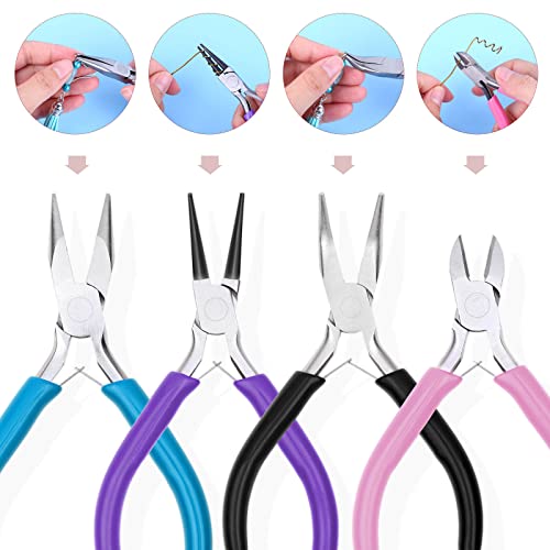 Anezus 4Pcs Jewelry Tool Set Includes Needle Nose Pliers, Round Nose Pliers, Wire Cutters and Bent Nose Pliers for Jewelry Beading Repair Making Supplies