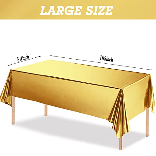 Foil Party Rectangular Table Covers Table Cloth 54 x 108 Inch Shiny Plastic Waterproof Tablecloth Party Table Cover for Wedding Anniversary Engagement Party (Gold, 3 Pieces)