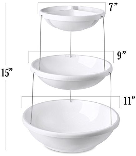 Masirs Collapsible Bowl, 3 Tier, The Decorative Plastic Bowls Twist Down & Fold Inside, Minimal Storage Space, Perfect for Serving Snacks, Salad and Fruit, The Top Bowl is Divided into Three Sections