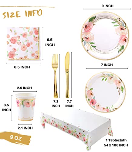 Floral Paper Plates and Napkins Party Supplies - Serves 16 - Flower Plates Floral Party Cups Knifes Forks Floral Baby Shower Decorations for Girl Pink and Gold Bridal Shower Tea Party Birthday