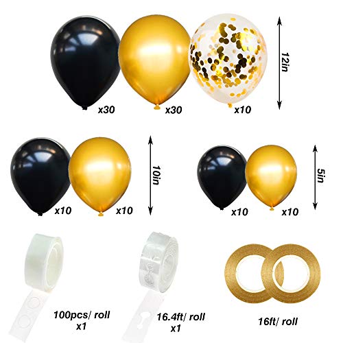 RUBFAC Black and Gold Balloons Garland Arch Kit,New Years Eve Party Balloons with Black Gold Confetti Balloons for Graduation Birthday Party Decorations