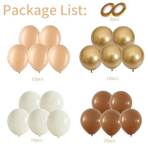 Balloons Brown and Gold, 60 Packs 12 Inch Retro Brown Cream Balloon, Brown Beige Balloons, Sand White Neutral Balloons Metallic Gold Balloons for Birthday Baby Shower Jungle Boho Wedding Decorations