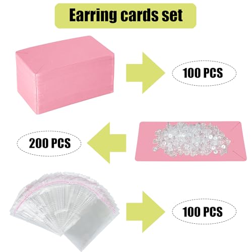Twavang Pink Earring Cards for Selling Set with 100Pcs Earring Display Cards, 200 Pcs Earring Backs and 100Pcs Jewelry Packaging Bag for Earrings Necklace Jewelry Display (3.5" x 2.3" Inches)