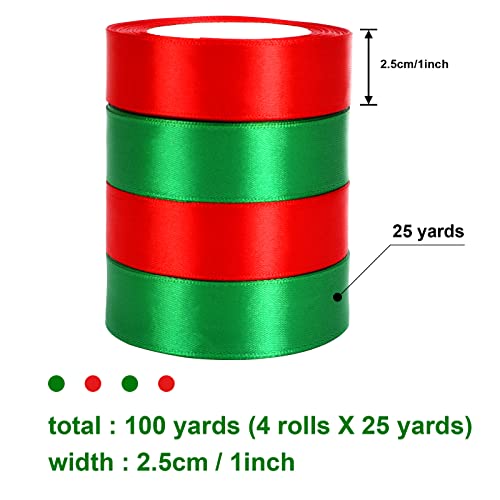 DECYOOL 4 Rolls 100 Yards Christmas Ribbons 1Inch Wide Holiday Satin Ribbons for Gift Wrapping and DIY Craft, Red & Green