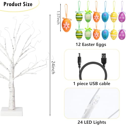 24" Easter Lighted Birch Tree with 12pcs Ornaments,Warm White LED Birch Tree Light Tabletop Artificial Tree 8 Lighting Modes USB or Batteries Operated with Timer for Easter Decor