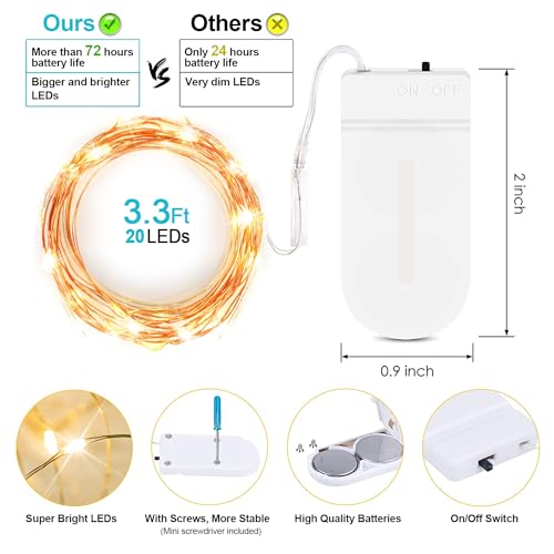 YOEEN 20 Pack Fairy Lights Battery Operated 3.3ft 20 LED Mini String Lights Copper Wire Firefly Starry Lights for Mason Jars Wedding Centerpieces Party Christmas Decor, Warm White