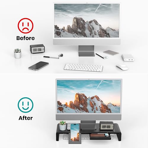 Monitor Stand Riser, Klearlook Foldable Computer Monitor Riser,Height Adjustable Computer Stand, Desk Shelf Riser with Storage Drawer & Tablet Phone Stand for Computer, Desktop, Laptop (Black)