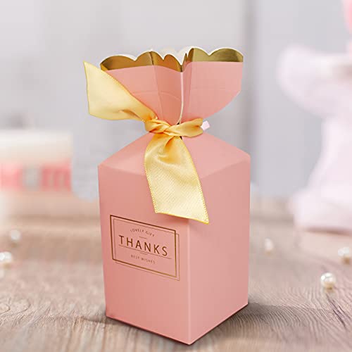 BAUMA AUTO 50Pcs Wedding Party Favor Boxes ,Candy Boxes Paper DIY with Gold Ribbons for Wedding Bridal Shower Baby Shower Birthday Party(2.28X3.46X5.71inch, Pink) (Pink With Gold Ribbon)