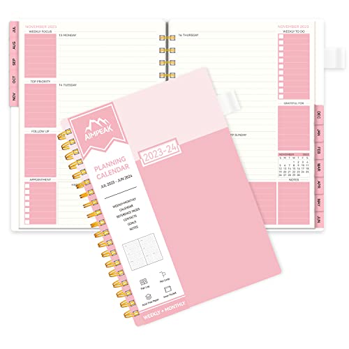 Planner 2023-2024, Academic Planner 2023-2024,Weekly & Monthly Planner, Jul. 2023 - Jun. 2024, AIMPEAK Weekly Planner with Monthly Tabs, Inner Pocket, Pen Loop, Flexible Cover,Spiral Binding, Pink, 5.5"x8.5"