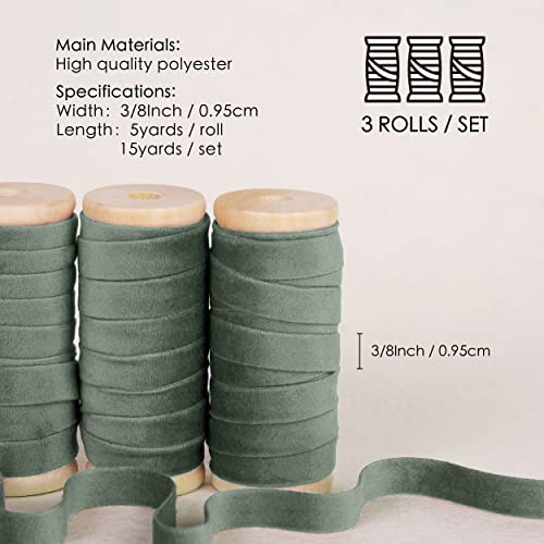 Vitalizart Dusty Green Velvet Ribbon Set 3/8"" x 15Yd Wooden Spool Fabric Trim Eco-Friendly 3 Rolls * 5Yd for Christmas Wreath Decoration Handmade Craft Ornaments Gift Wrapping & Bow Making