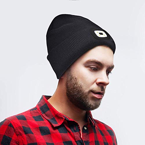 PRAVETTE Unisex Beanie with Light Gifts for Men Dad Father Husband USB Rechargeable Hands Free LED Headlamp Cap Mens Gifts A-Black