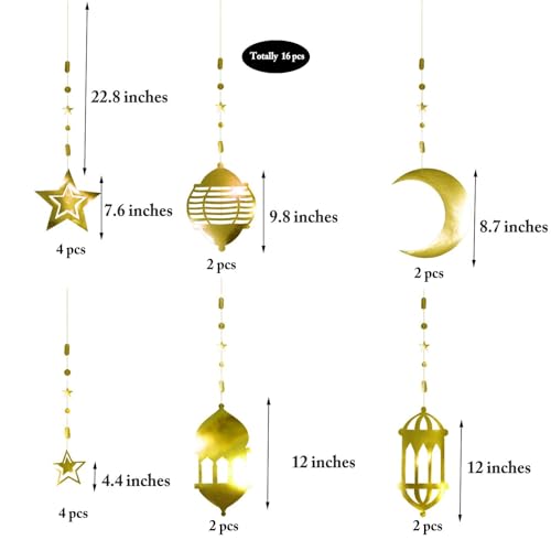 Cheerland 16pcs Islamic Gold Star Crescent Moon Lantern Ramadan Garland EID Decoration Home Happy Ramadan Mubarak Party Decor Hanging Streamer Wedding Backdrop Banner Aladdin Birthday Party Supplies