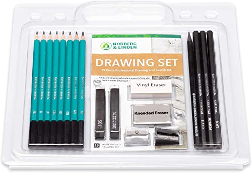 Norberg & Linden Drawing Set - Sketching and Charcoal Pencils - 100 Page Drawing Pad, Kneaded Eraser. Art Kit and Supplies for Kids, Teens and Adults