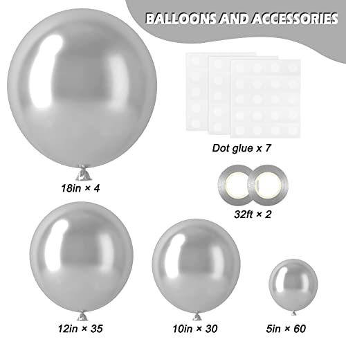 RUBFAC 129pcs Metallic Silver Balloons Latex Balloons Different Sizes 18 12 10 5 Inches Party Balloon Kit for Birthday Party Graduation Baby Shower Wedding Holiday Easter Decoration