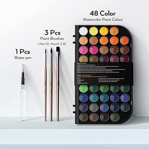 Nicpro Watercolor Paint Set, 48 Water Colors Kit with 3 Squirrel Brushes, Palette, Watercolor Pen, Non-toxic Painting Supplies for Kids, Adults, Students, Beginners and Artists