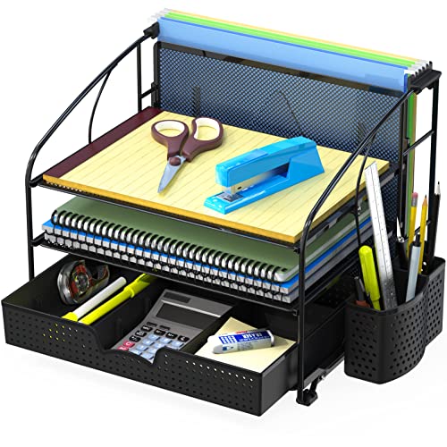 Simple Houseware Desk Organizer 3 Tray w/Sliding Drawer, Hanging File Holder and Pen Holder Accessory, Black