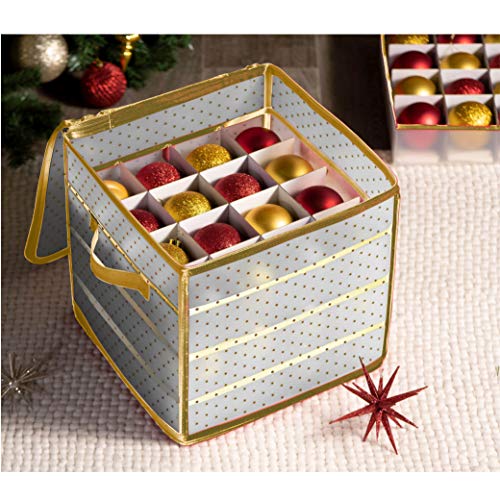 Plastic Christmas Ornament Storage Box with 2 Sided Dual Zipper Closure - Keeps 64 Holiday Ornaments, Xmas Decorations Accessories, 3" Cube Compartments - Sturdy Flexible Plastic (Gold)