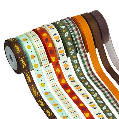 VATIN Fall Ribbon 3/8 Inch 20 Rolls X 330Fts(110Yards) Autumn Harvest Festival Ribbons Printed Grosgrain Ribbons Polyester Satin Ribbon Sheer Organze Ribbon for Gift Wrapping DIY Crafts Fall Decor