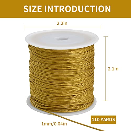 TONIFUL 1mm x 100 Yards Gold Nylon Cord Satin String for Bracelet Jewelry Making Rattail Macrame Waxed Trim Cord Necklace Bulk Beading Thread Kumihimo Chinese Knot Craft