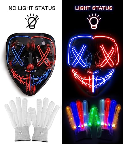 Halloween Mask Skeleton Gloves Set, Halloween Costumes Gifts for Men Women Boys Girls, 3 Modes Light Up Scary LED Mask with LED Glow Gloves, Halloween Decorations Scary Scream Anonymous Mask