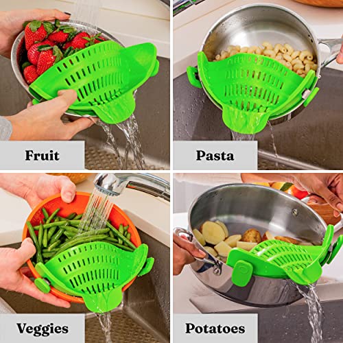 Kitchen Gizmo Snap N Strain Pot Strainer and Pasta Strainer Cooking Gadgets - Adjustable Silicone Clip On Strainer for Pots, Pans, & Bowls - Perfect Cooking Gifts for Women, Kitchen Gifts - Lime Green