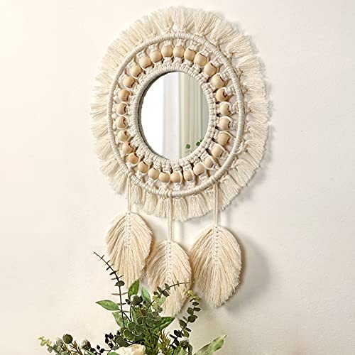 Dremisland Hanging Wall Mirror-Boho Macrame Fringe Round Decorative Mirror with Wood Beads Feather Pendant,Art Ornament for Apartment Home Bedroom Living Room