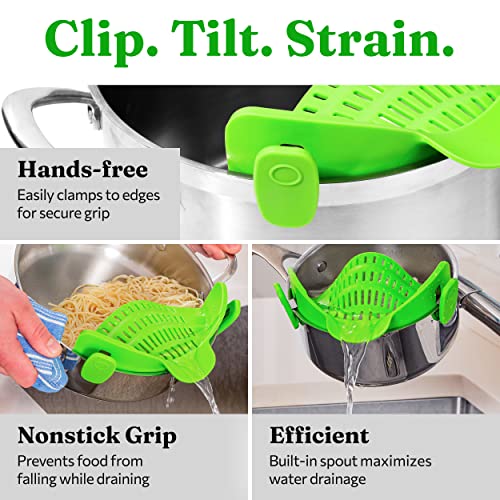 Kitchen Gizmo Snap N Strain Pot Strainer and Pasta Strainer Cooking Gadgets - Adjustable Silicone Clip On Strainer for Pots, Pans, & Bowls - Perfect Cooking Gifts for Women, Kitchen Gifts - Lime Green