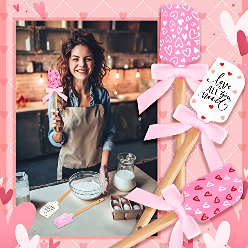 3 Pcs Valentine's Day Silicone Spatulas with Wooden Handles Valentine Pattern Heat Resistant Baking Spatulas Silicone Spatulas with Pink Satin Ribbon Bows for Baking, Cooking and Sauteing