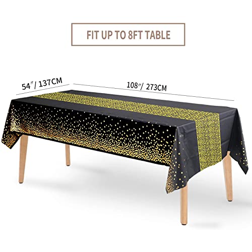 FECEDY 4 Packs 54"x108" Gold Wave Point Black Disposable Plastic Table Cover Waterproof Tablecloths for Rectangle Tables up to 8 ft in Length Party Decorations