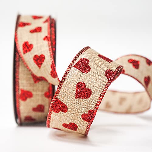 CT CRAFT LLC Faux Jute with Red Glitter Heart Wired Ribbon for Home Decor, Gift Wrapping, DIY Crafts, 1.5" x 20 Yards x 1 Roll