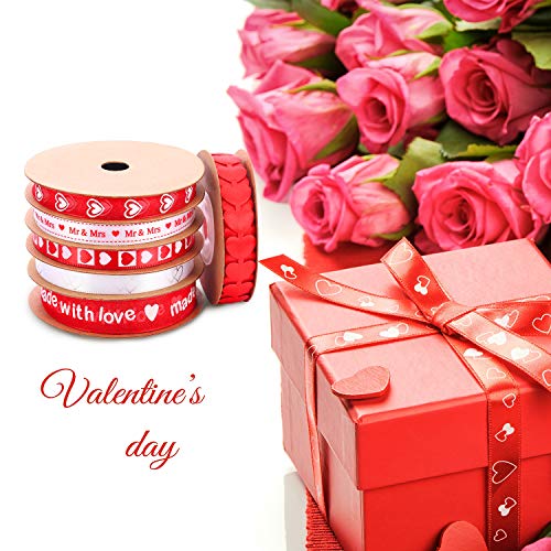 Zhanmai 6 Pieces Valentine's Day Ribbons Printed Heart Wired Ribbons Craft Satin Ribbons for Gift Wrapping DIY Supplies