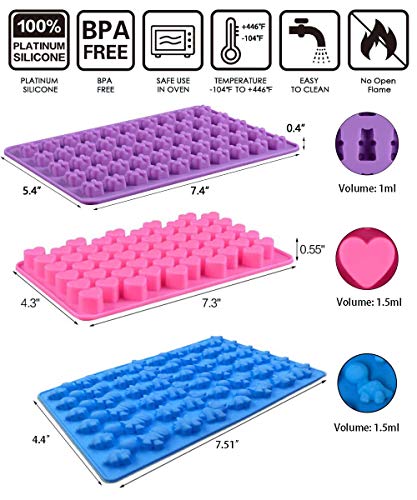 3 Pack Silicone Chocolate Molds, Reusable Candy Baking Mold Ice Cube Trays Candies Making Supplies with 2 Droppers, Nonstick Silicone Gummy Molds Including Mini Dinosaur, Hearts, Bear Shape