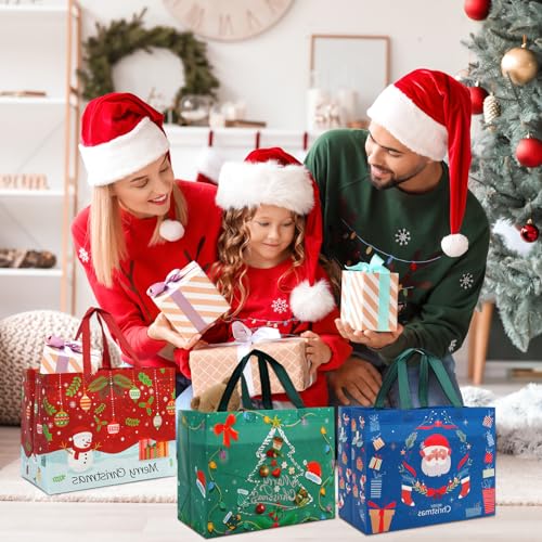 Christmas Gift Bags,12 PCS Large Reusable Christmas Tote Bags with Handles, Christmas Treat Bags, Multifunctional Non-Woven Christmas Bags for Gifts Wrapping, Shopping, Xmas, Party Favor Bags, 12.8" x 9.8" x 6.7"