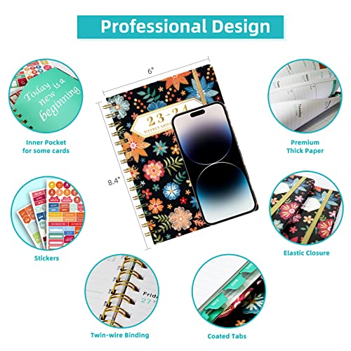 Ymumuda 2023-2024 Planner, Weekly Monthly Planner Academic 2023-2024, 12-Month School Planner from JUL.2023 to JUN.2024, 8.4" X 6", Spiral Planner Notebook with Stickers, Elastic Closure, Inner Pocket, Coated Tabs, Floral 01