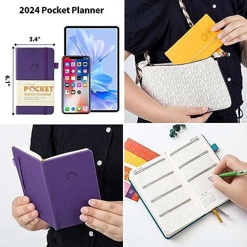 2024 Pocket Calendar by LADYACCES 2024 Weekly and Monthly Planner for Purse, Small Agenda 2024 with Vegan Leather Hard Cover, Elastic Closure, Inner Pocket, Pen Hold, Book Markers - 3.5" x 6" - Purple