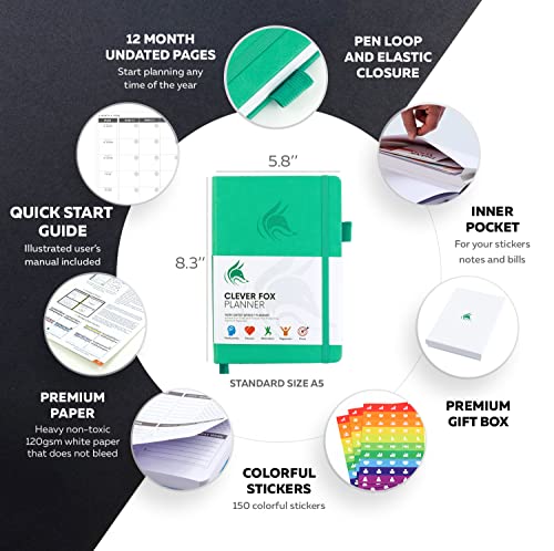 Clever Fox Planner – Undated Weekly & Monthly Planner to Increase Productivity, Time Management and Hit Your Goals – Organizer, Gratitude Journal – Start Anytime, A5, Lasts 1 Year, Emerald (Weekly)
