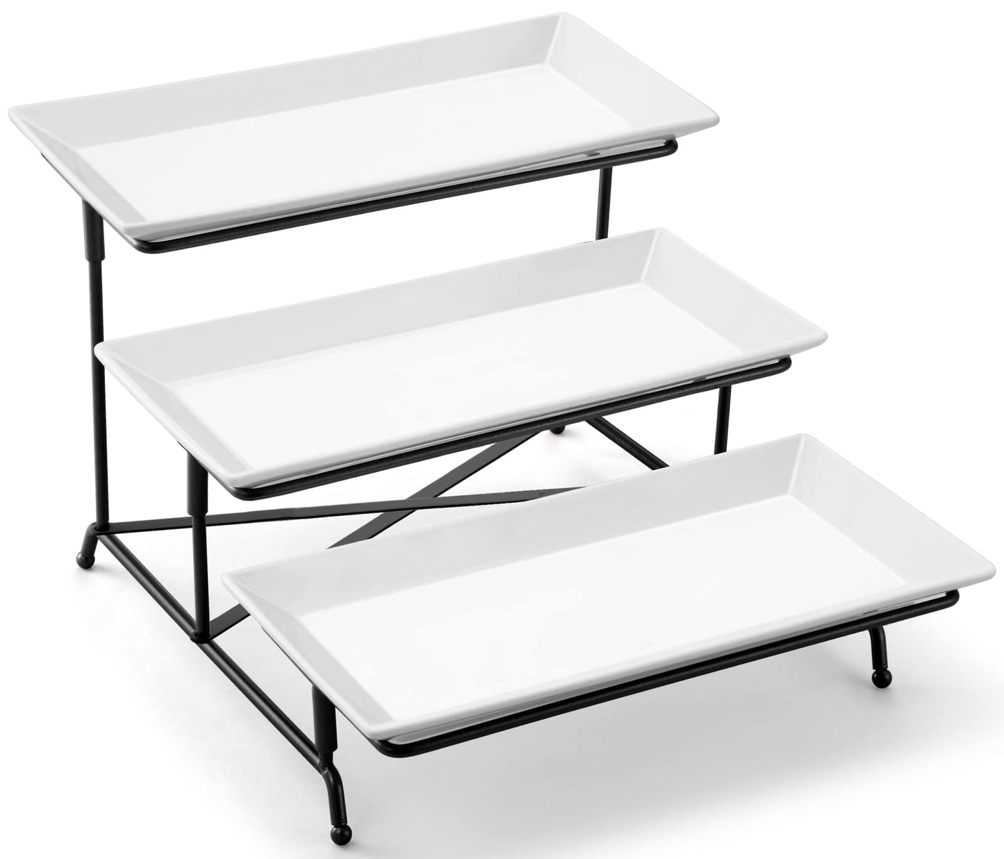Yedio 3 Tier Serving Tray Set Porcelain Tiered Serving Trays Platters, Collapsible Sturdier Stand with Stable Cross Bars, for Party Entertaining Food Display Fruit Dessert, 12 Inch