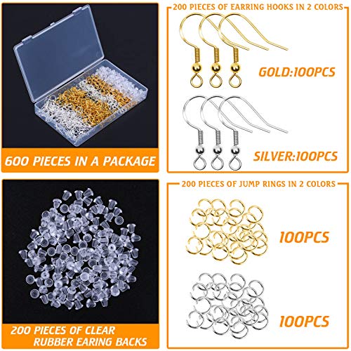 Hypoallergenic Earring Hooks, Thrilez 600Pcs Earring Making Kit with Jump Rings and Clear Rubber Earring Backs for DIY Jewelry Making (Silver and Gold)